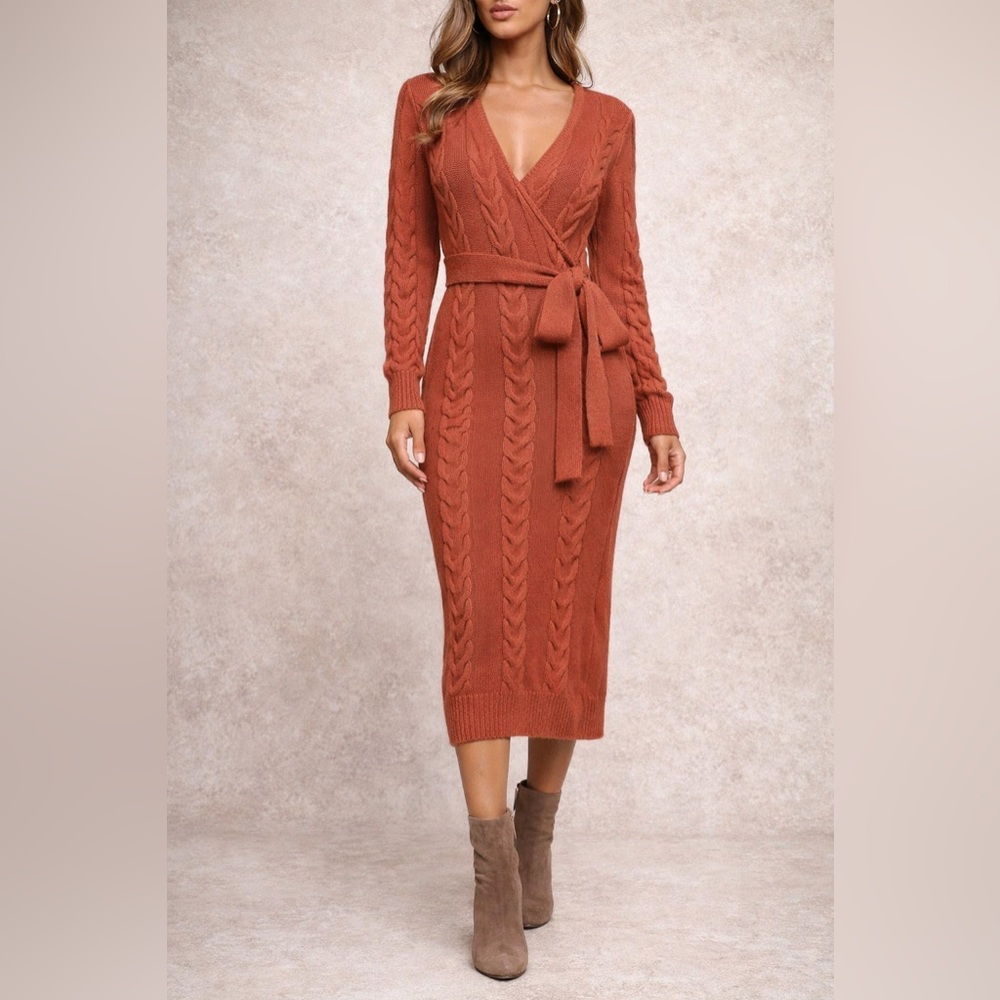 ChicMe Cable Knit Wrap Sweater Dress Tie Waist Midi Long Sleeve Stretch Size S